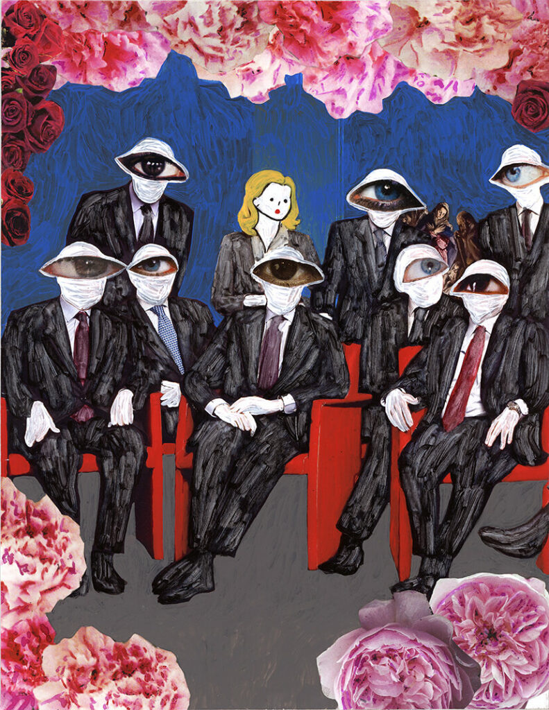 The room is filled with individuals wearing suits, their eyes fixated solely on profit. The western male business attire, eyes looking all ways, a central, single female, all framed by roses, all bring different points of view.