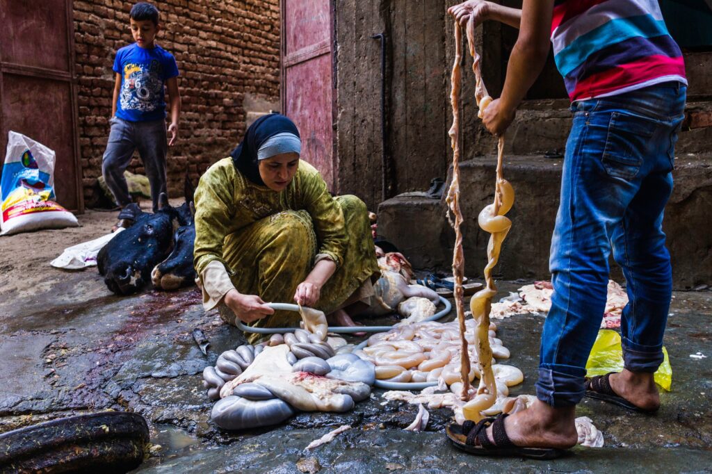 Nadia and her two sons clean the entrails of a slaughtered cow during a festival in Egypt.